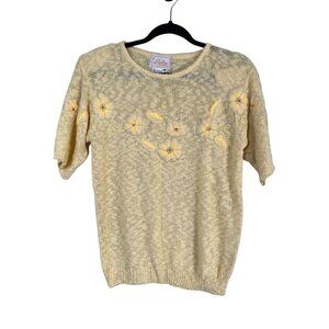 Vintage Floral Knit Sweater M Yellow Crochet Metallic Beading Boho Retro Chic